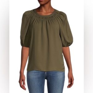 Calvin Klein Olive Green Puff-Sleeve Top Large NWT